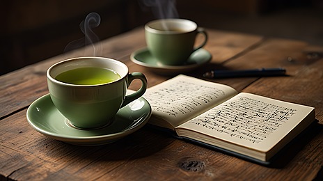 Open journal with handwritten meal notes beside a cup of herbal tea